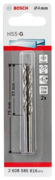 Verpackung mit zwei Metallbohrern, beschriftet mit den Maßangaben '75 mm' und 'DIN 338'. Zusätzliche Spezifikationen sind seitlich aufgedruckt.