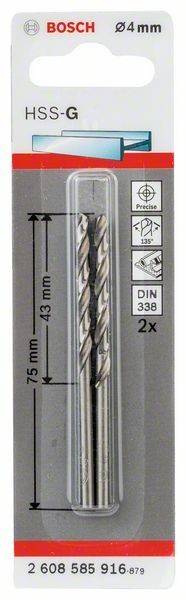 Zwei HSS-Spiralbohrer in Verpackung, beschriftet mit 75 mm und 43 mm. Symbole zeigen Präzision, 135°-Winkel, Konformität mit DIN 338. Menge: 2.