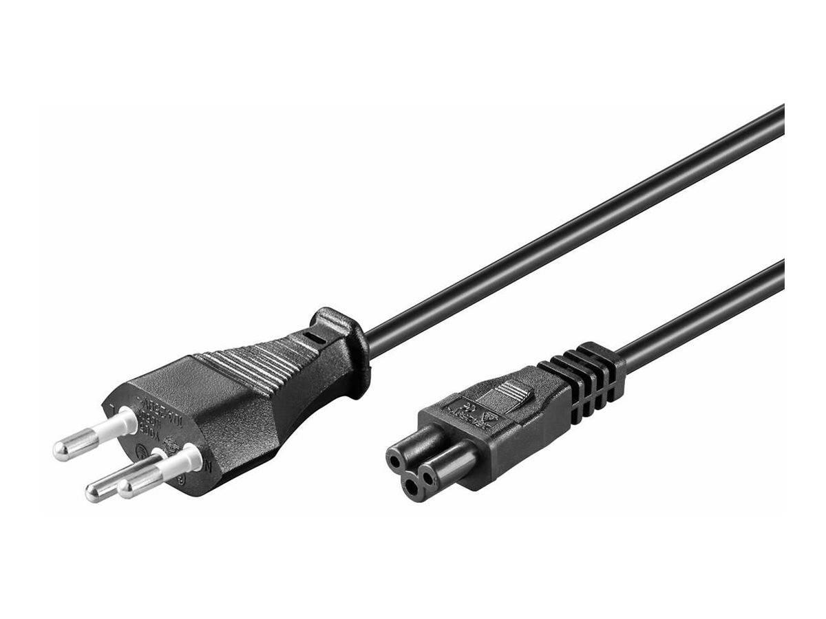 Schwarzes Stromkabel mit einem zweipoligen europäischen Stecker an einem Ende und einer dreilöchrigen Buchse am anderen Ende.