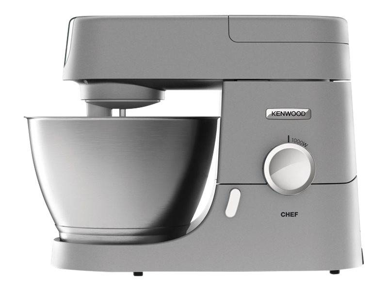 Silber Kenwood Chef Standmixer mit angebrachter Rührschüssel und vorderer Drehzahlregelung, Seitenansicht auf weißem Hintergrund gezeigt.