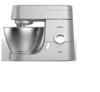 Silberner Kenwood Chef Standmixer mit Edelstahlschüssel, in Seitenansicht dargestellt.