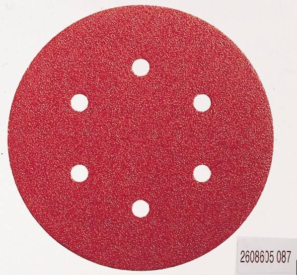 Rote kreisförmige Schleifpapierscheibe mit fünf in einem Kreis angeordneten Löchern, die zum Schleifen und Polieren von Oberflächen verwendet wird.