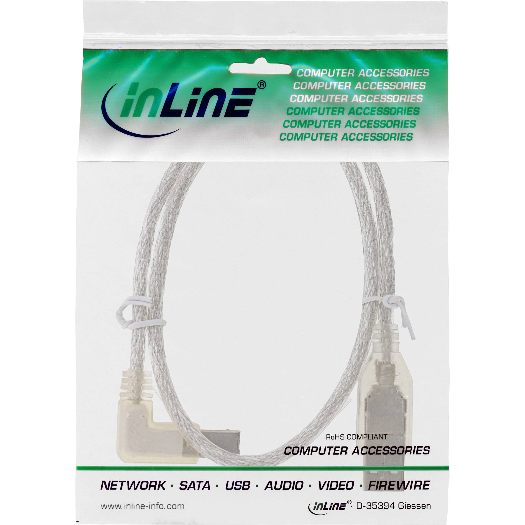 INLINE - USB 2.0 Kabel - A an B - links abgewinkelt - transparent - 0,3m