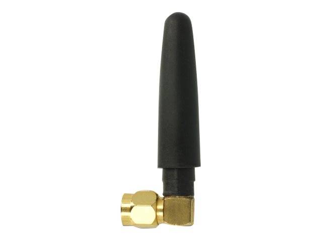 Schwarze Gummiantenne auf einem goldfarbenen Winkelstecker, isoliert auf weißem Hintergrund.