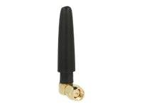 Eine schwarze Antenne, die an einem goldenen Rechtwinklstecker auf weißem Hintergrund befestigt ist.