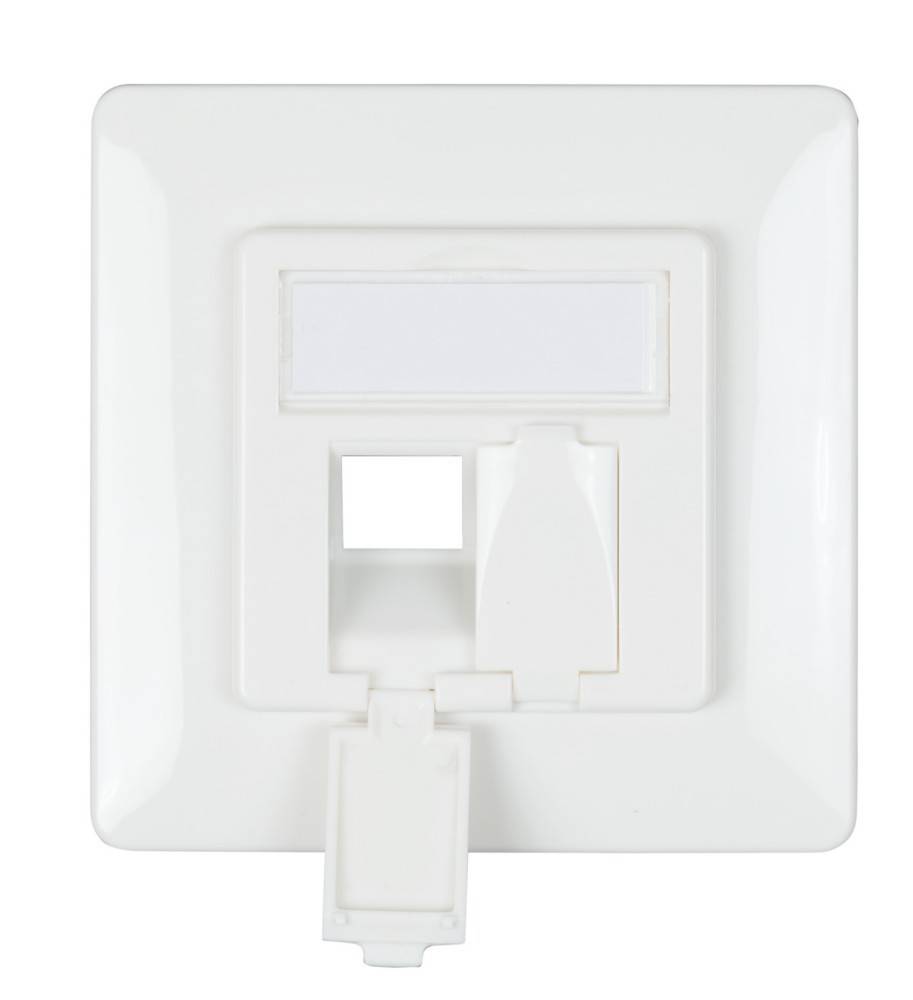 Eine weiße Wanddose mit einem einzelnen Ethernet-Anschluss und einem leeren Beschriftungsfeld darüber. Die Abdeckplatte ist geschlossen und verdeckt den Anschluss.