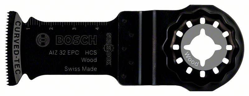 Das Bild zeigt eine Bosch Starlock-Klinge, die zum Schneiden von Holz entwickelt wurde und aus HCS-Material mit einem wellenförmigen Zahnmuster besteht.