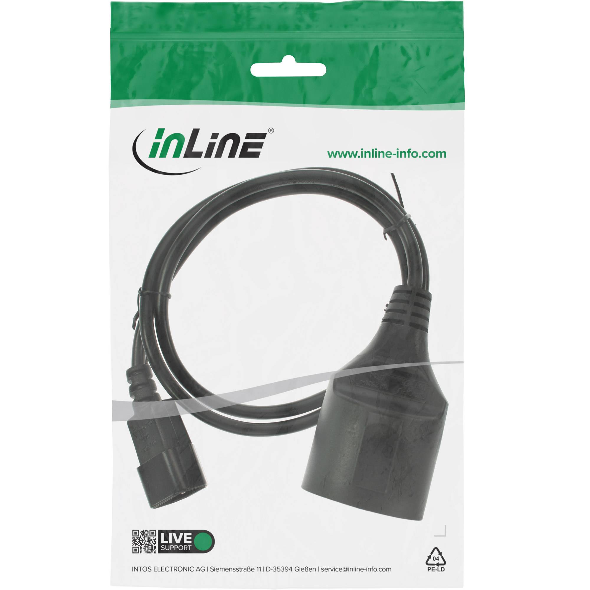 INLINE - Netz Adapter Kabel - Kaltgeräte C14 auf Schutzkontakt Buchse - 3m