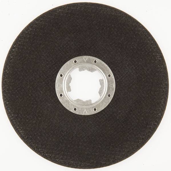 Eine runde, flache, abrasive Schleifscheibe mit einer strukturierten schwarzen Oberfläche und einer metallischen Mittelbohrung zur Befestigung an einem Elektrowerkzeug.