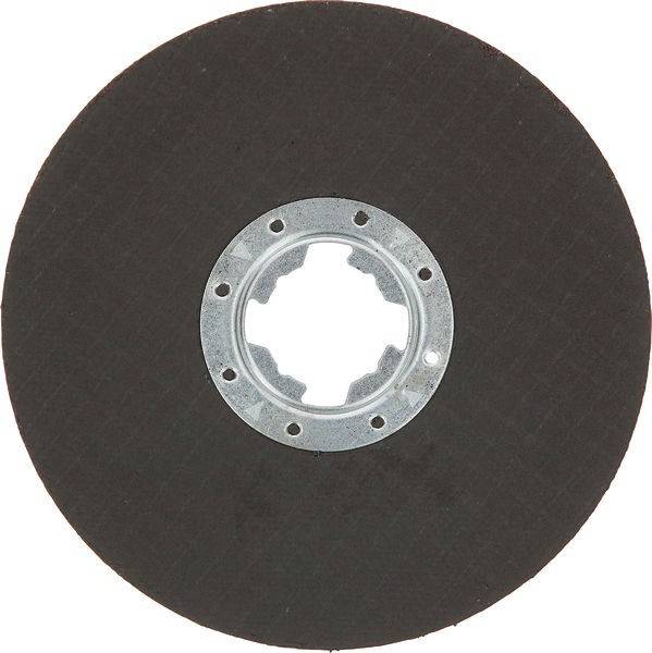 Eine kreisförmige Metallscheibe mit Schneidkante, schwarz mit silbernem Zentrum, die zum Schleifen und Schneiden von Materialien verwendet wird.