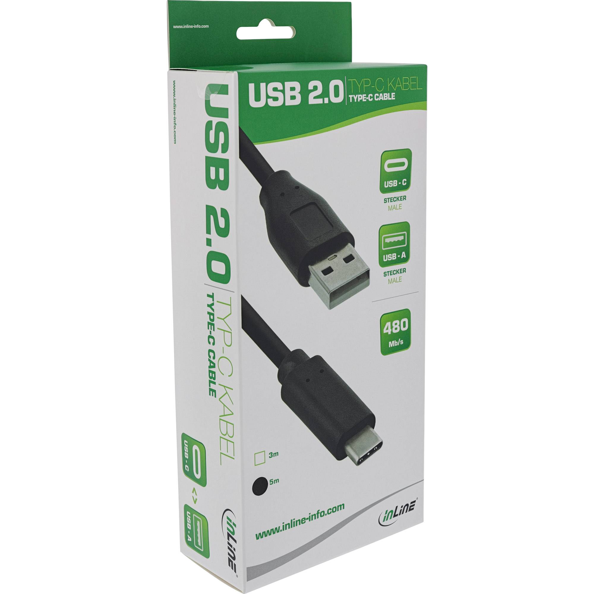 INLINE - USB 2.0 Kabel - USB-C Stecker an A Stecker - schwarz - 5m