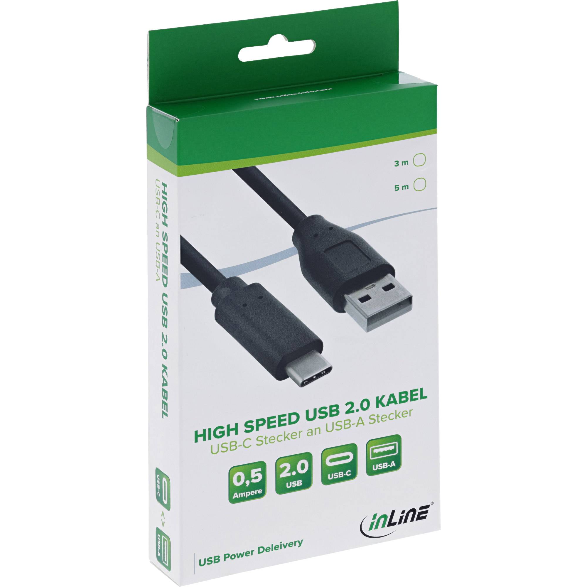 Einzelhandelsverpackung für ein High-Speed-USB-2.0-Kabel mit USB-C- und USB-A-Anschlüssen, gekennzeichnet mit 3 m oder 5 m und USB Power Delivery.