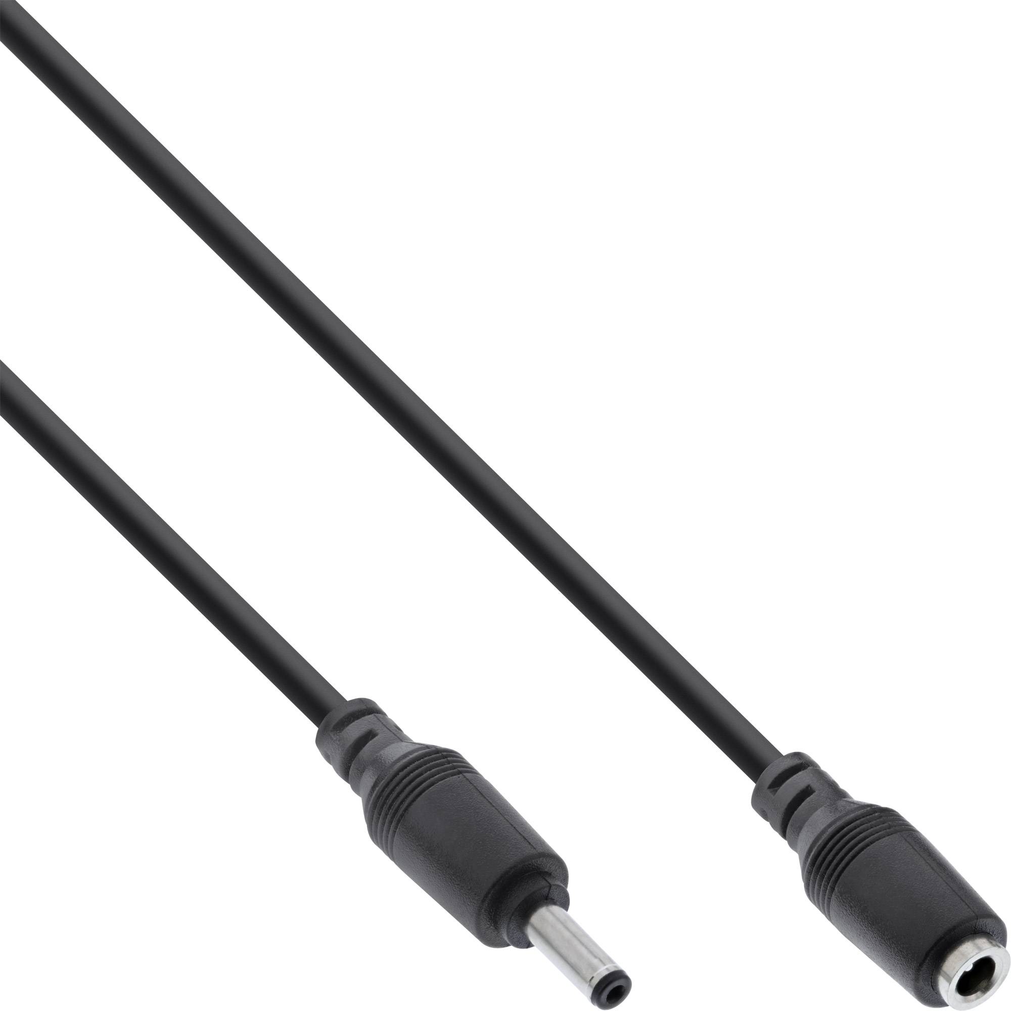 Schwarzes DC-Stromkabel mit männlichem Hohlstecker auf einer Seite und weiblicher Buchse auf der anderen Seite, auf weißem Hintergrund dargestellt.