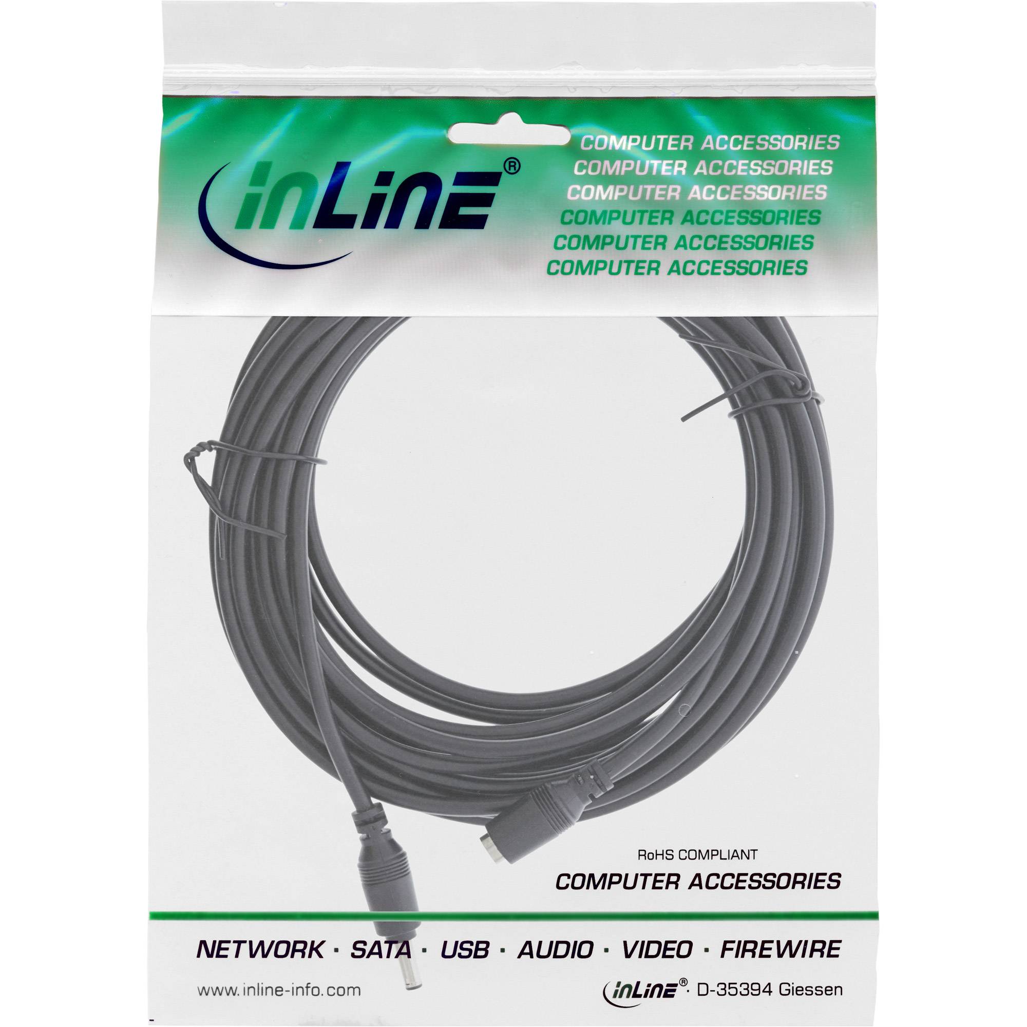 Verpackung für ein InLine-Computerzubehörkabel mit aufgewickeltem schwarzem Kabel mit Steckverbindern und Text „COMPUTERZUBEHÖR" und „NETZWERK • SATA • USB • AUDIO • VIDEO • FIREWIRE"".