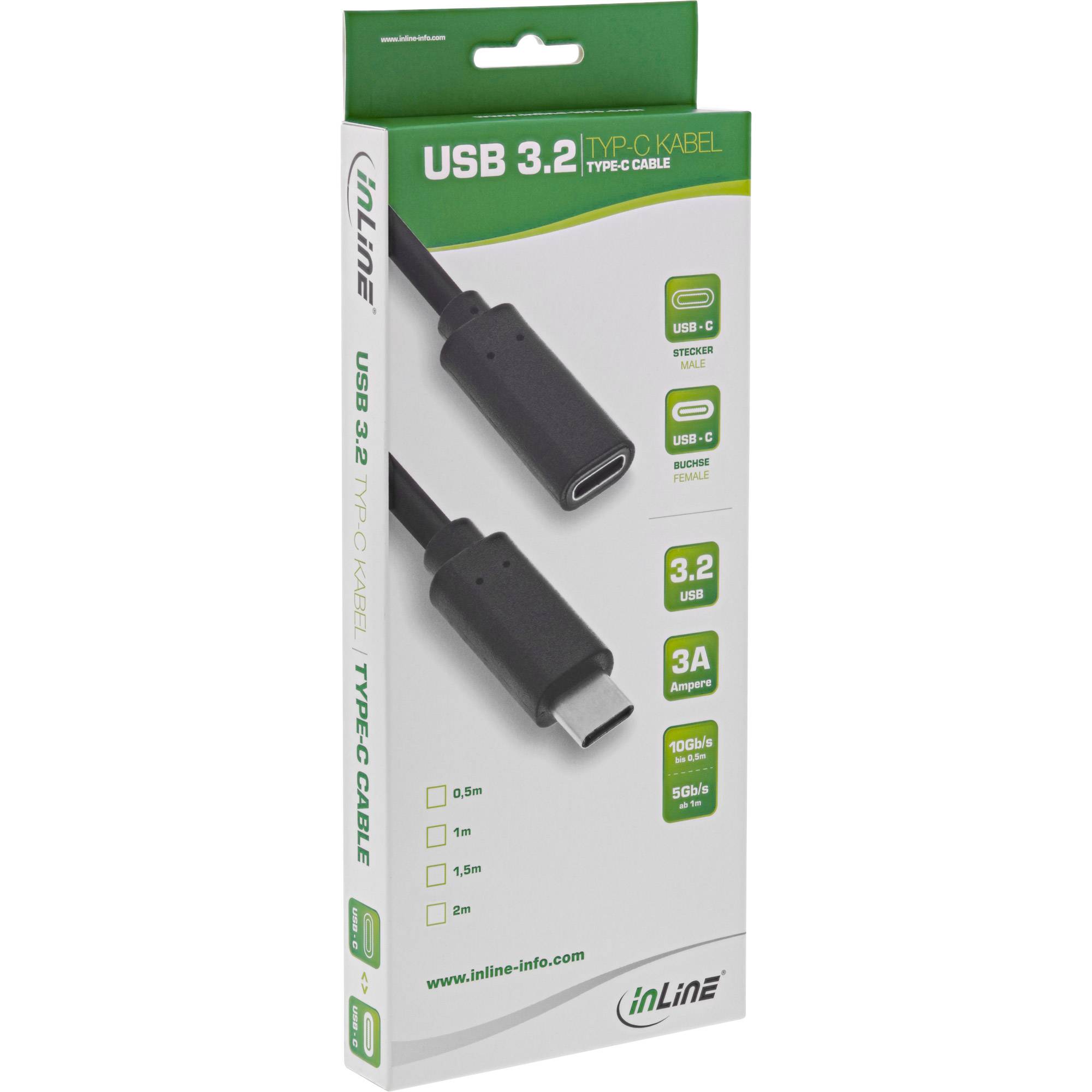 INLINE - USB 3.2 Gen.1x2 Kabel - USB-C Verlängerung ST/BU - schwarz - 2m
