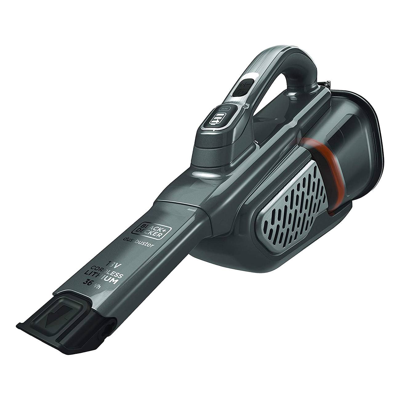 Black+Decker 3,6V schnurloses tragbares Staubsaugegerät auf weißem Hintergrund, in angewinklter Produktansicht dargestellt.