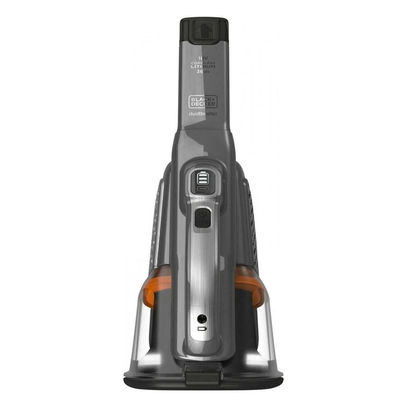Black+Decker tragbarer kabelloser Handstaubsauger, aufrecht auf weißem Hintergrund stehend, Vorderansicht mit sichtbarem Staubbehälter und Stromreglern.