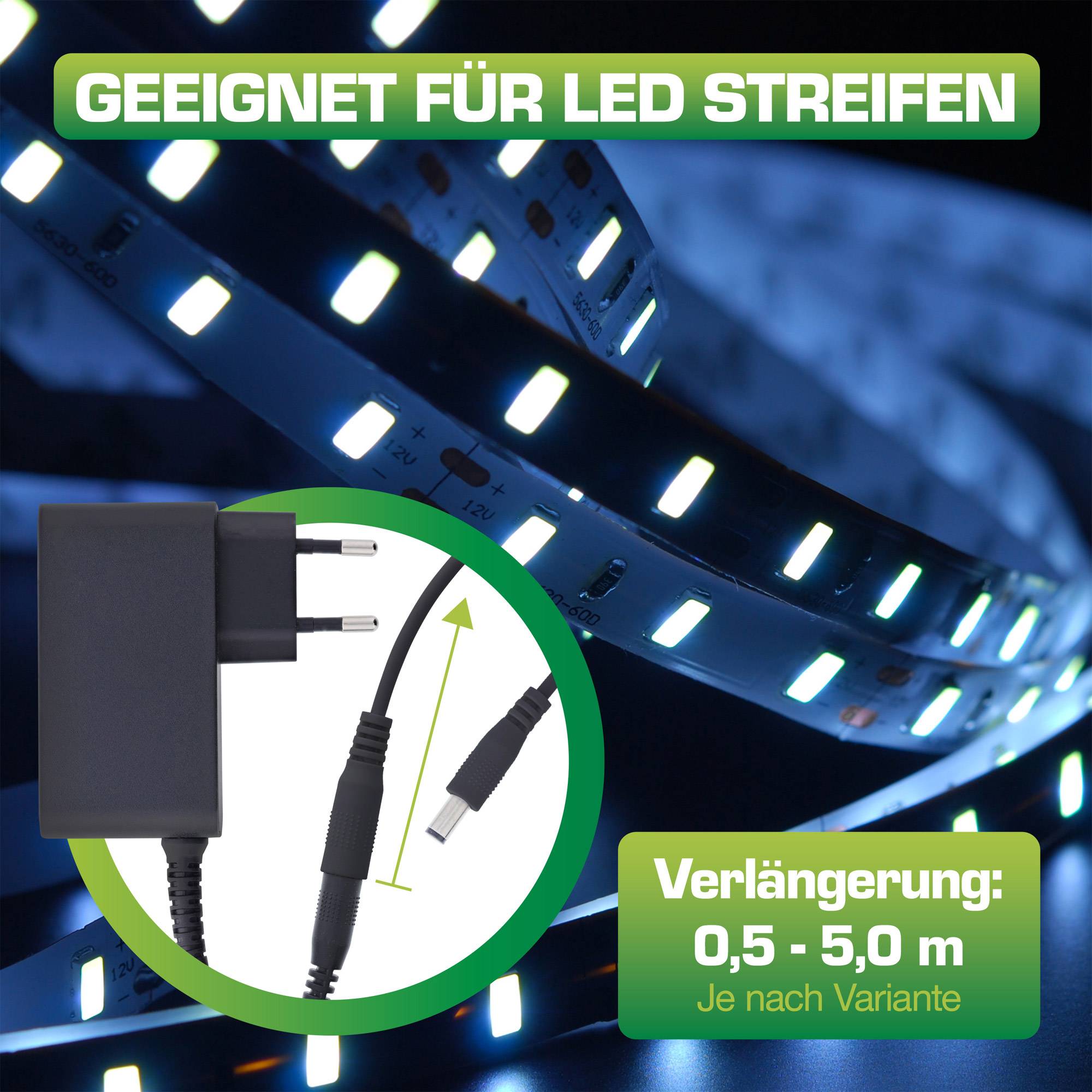 LED-Streifenlichter mit einem Adapterstecker und zwei Anschlüssen auf blauem Hintergrund. Text liest sich: 'Geeignet für LED Streifen' und 'Verlängerung: 0,5 - 5,0 m, Je nach Variante'.
