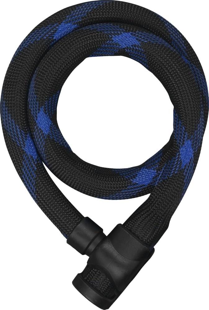 Ein aufgerolltes Fahrradschloss mit schwarzem und blauem Muster, das ein robustes und flexibles Design mit sicheren Endverschlüssen aufweist.
