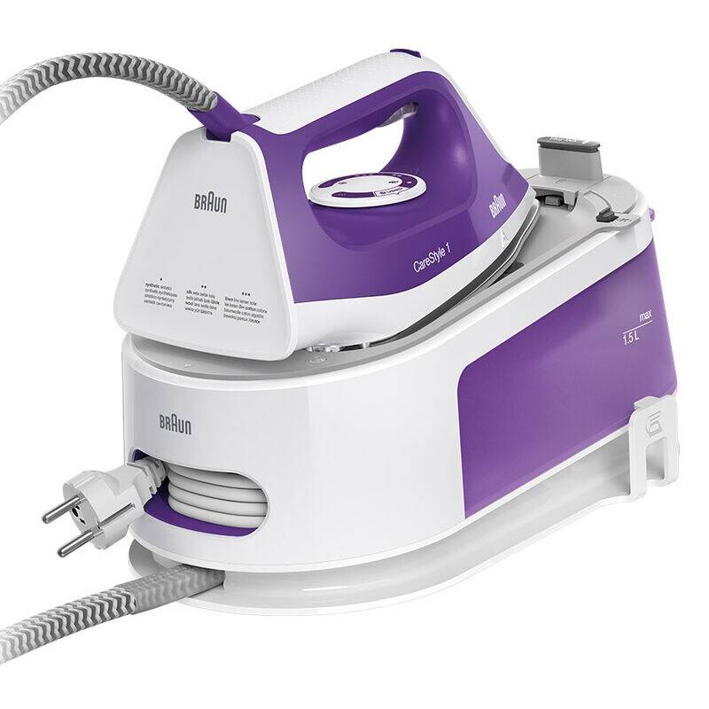 Lila-weißes Braun CareStyle 1 Dampfgenerator-Bügeleisen mit angeschlossenem Schlauch und Basisgerät auf weißem Hintergrund.