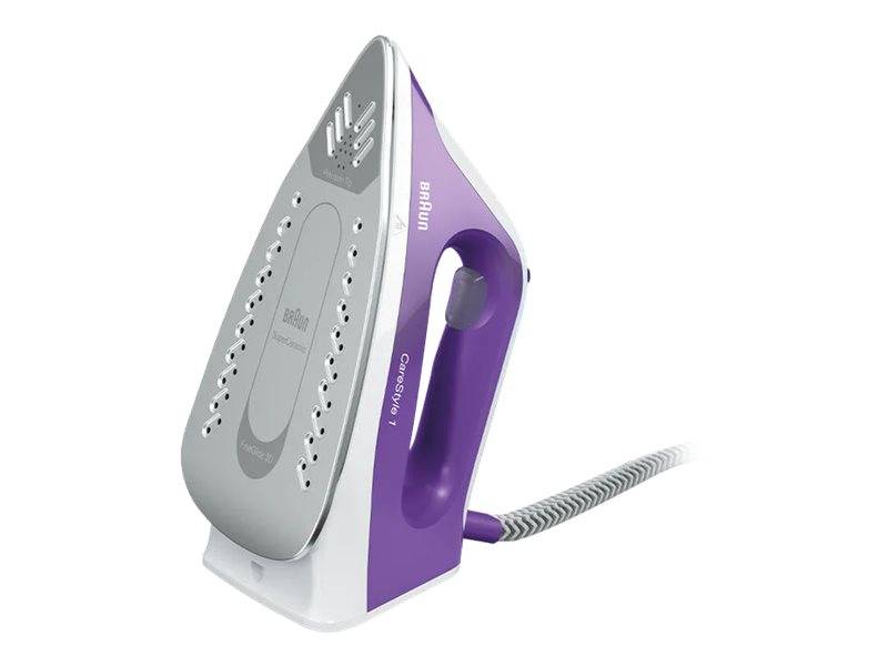 Ein lila und weißer elektrischer Dampfbügeleisen mit strukturierter Sohle und Netzkabel, entwickelt zum Glätten von Stofffalten.