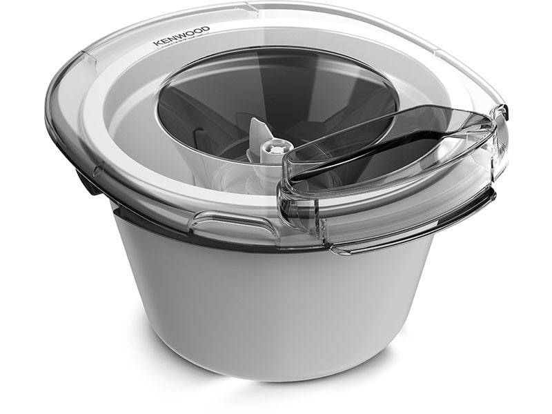 Kenwood Küchenmaschinen-Schüssel mit transparentem Deckel und Einfüllschacht, isoliert auf weißem Hintergrund dargestellt.