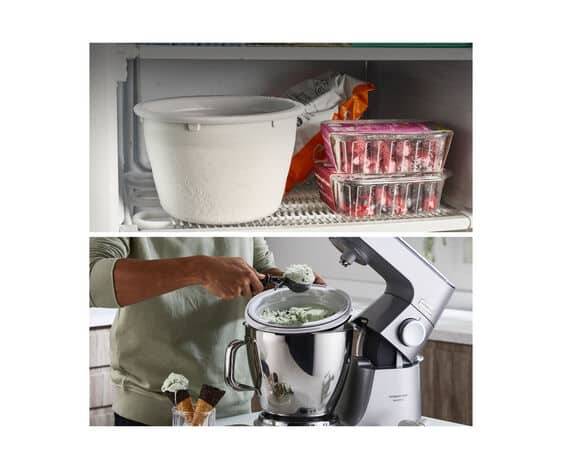Oben: Gefrierschranklagerung mit Eistub und Beeren. Unten: Person, die einen Standmixer verwendet, um eine Dessertkischung zu rühren.