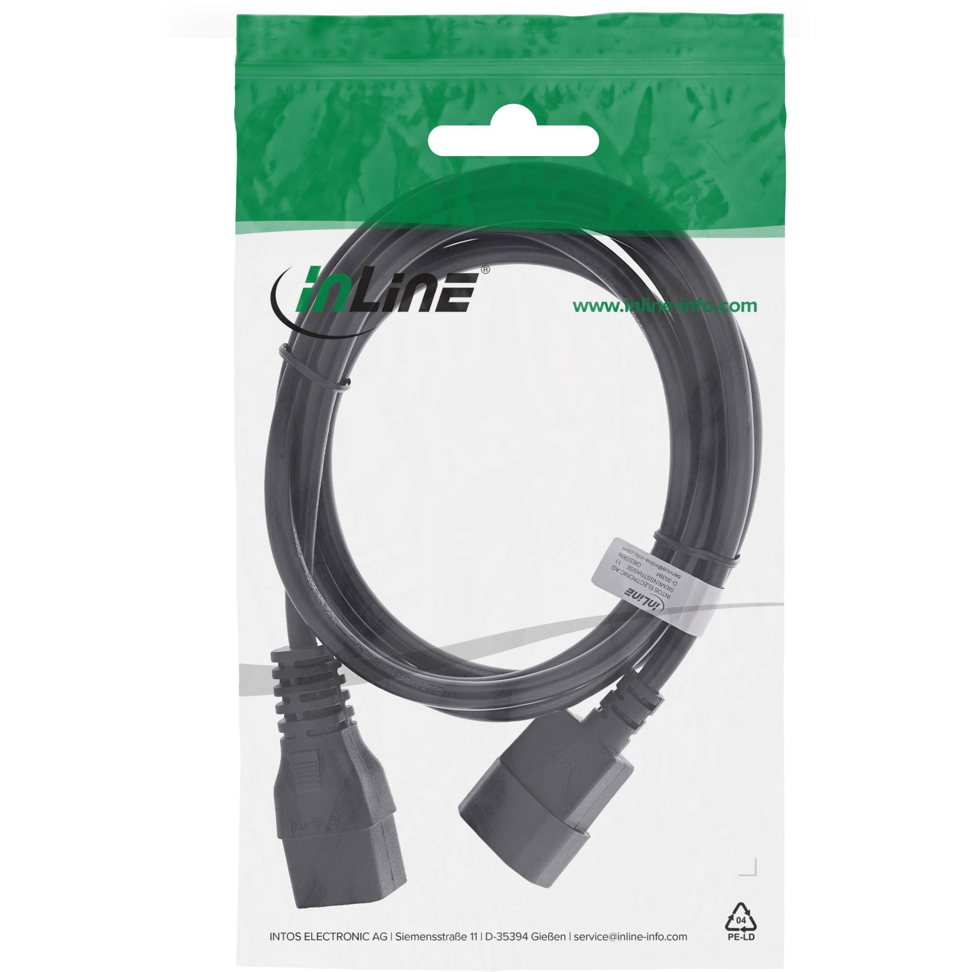 Verpacktes schwarzes Computerkabel mit zwei Steckern, mit inLine gekennzeichnet, hängend in einer durchsichtigen Verkaufsverpackung mit grüner Kopfzeile.