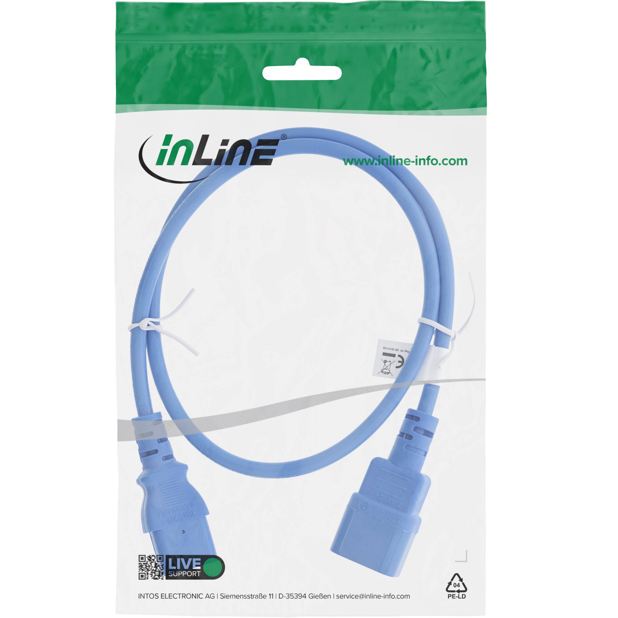 Verpacktes blaues inLine-Kabel mit zwei Anschlüssen, präsentiert auf einer weißen Retail-Blisterverpackung mit grünem Kopfbereich.