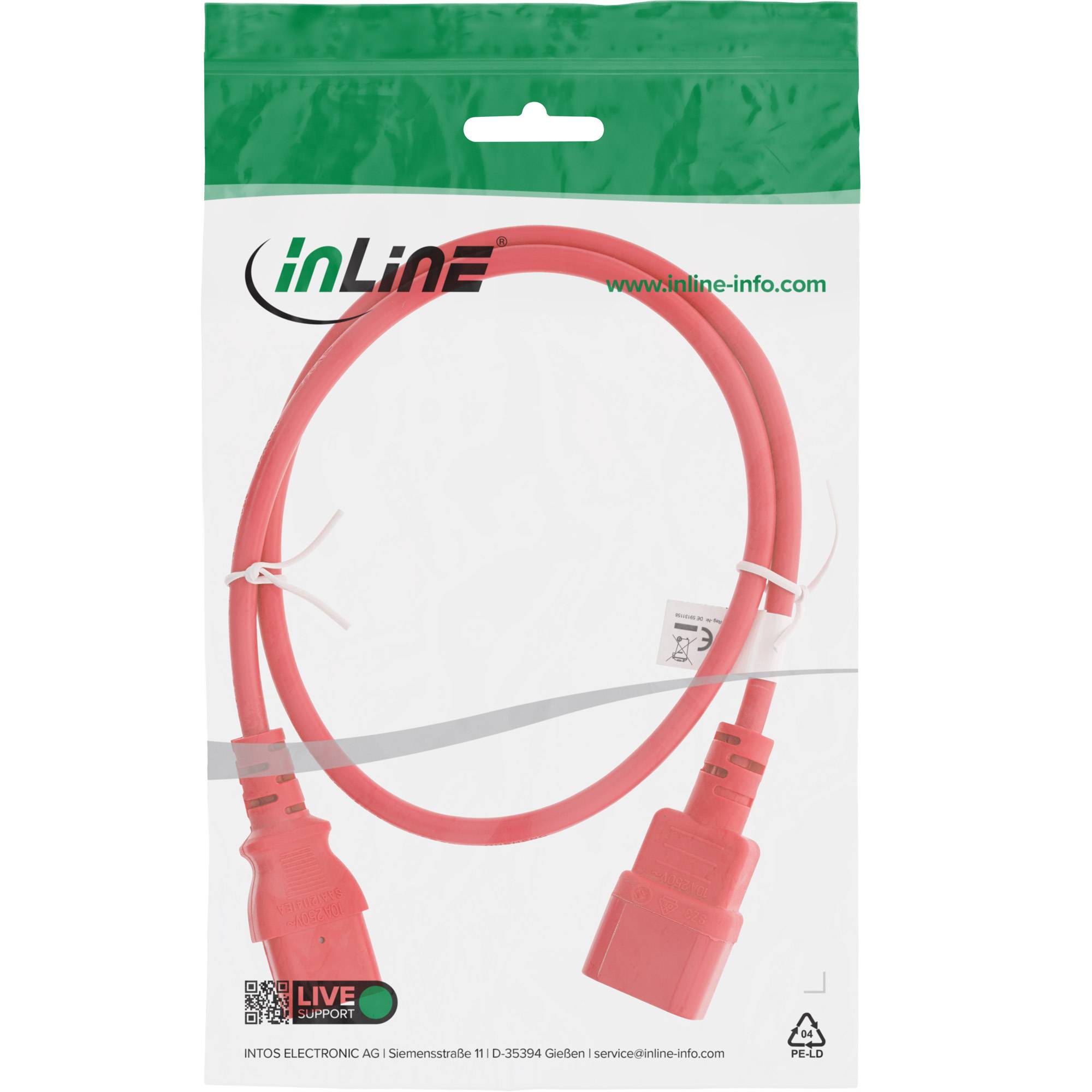 Verpacktes rotes InLine-Kabel in Spulenform auf weißem Untergrund mit grüner Kopfleiste, die das Markenlogo und die Website anzeigt.