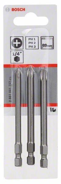 Ein Satz von drei Metallbohrern in Verpackung, vertikal angeordnet, zur Verwendung mit Bohrmaschinen. Jeder Bohrer verfügt über eine spitze Spitze und einen gerillten Schaft.