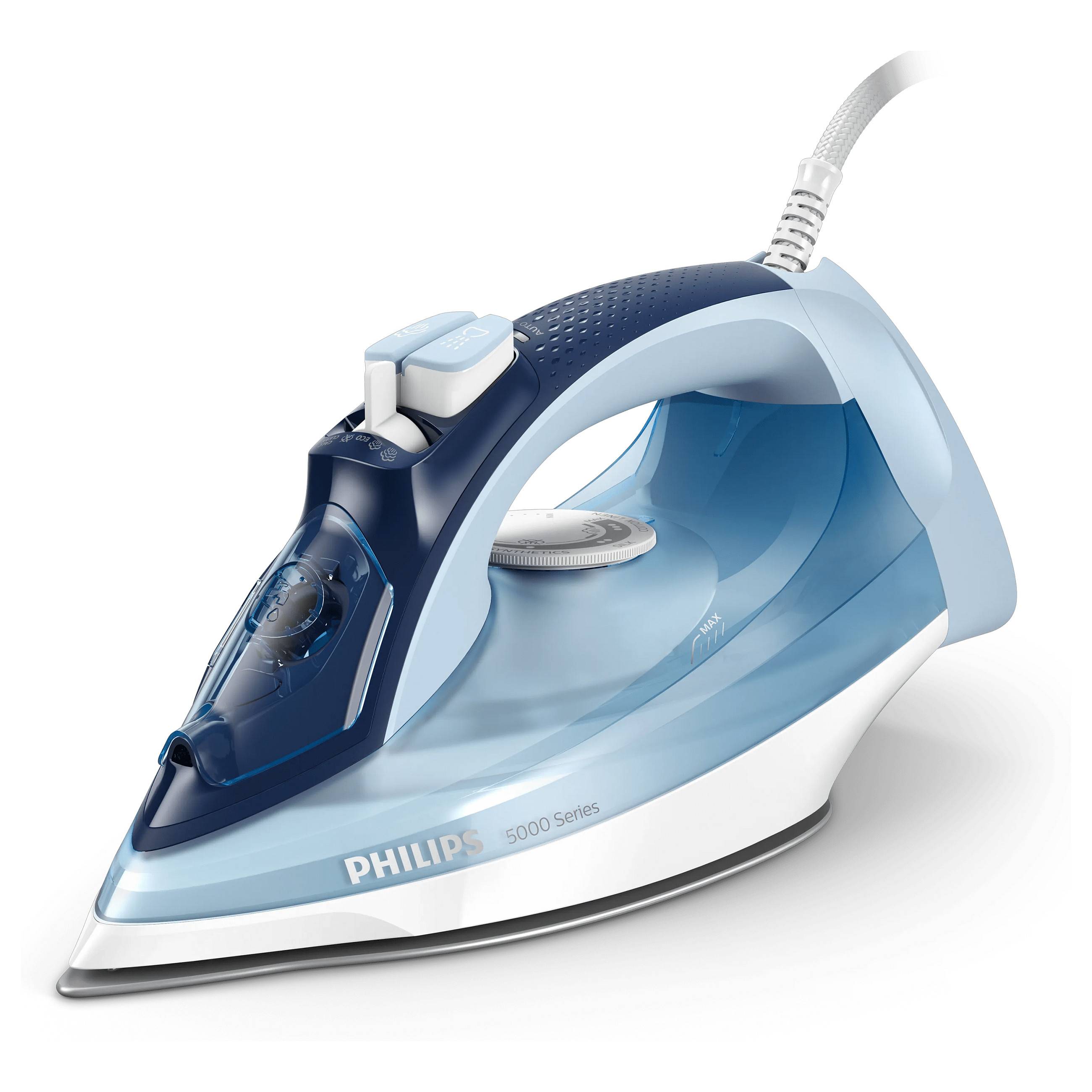 Blauer und weißer Philips Dampfbügeleisen im Profil auf weißem Hintergrund.