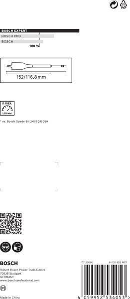 Ein kleines quadratisches Etikett mit einer Grafik, die ein großes ‚n' und den Text ‚max.' zeigt. Darüber steht: ‚Bosch Spatenbohrer 2 609 255 269'.