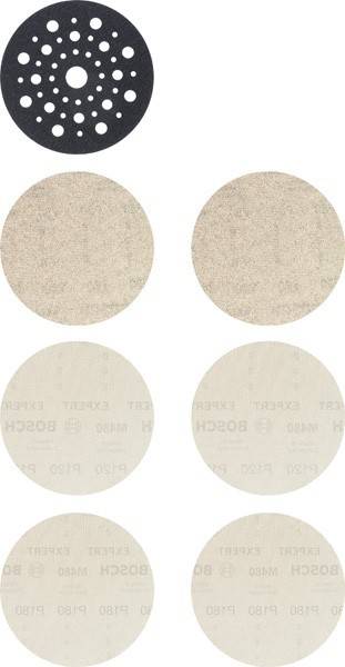 Vier runde Schleifpapierscheiben; zwei sind unbeschriftet, zwei sind mit Bosch markiert und mit P150 gekennzeichnet.