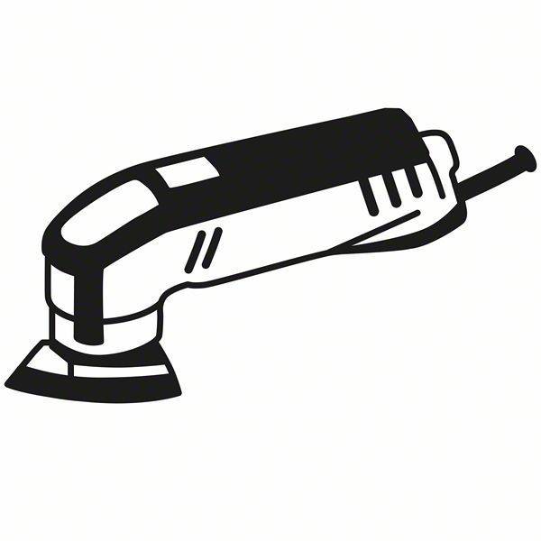 Ein Symbol eines tragbaren Elektroschleifgeräts mit rechteckigem Gehäuse und einem dreieckigen Schleifpad an einem Ende.