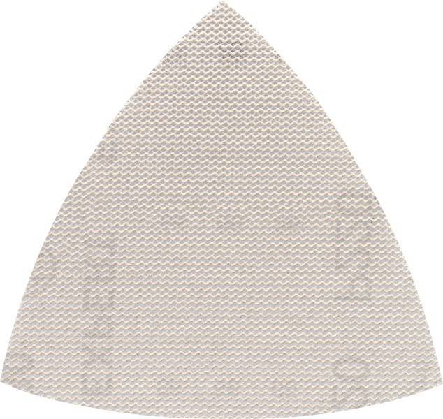 Ein dreieckiges, strukturiertes Schleifpad mit einer grauen, körnigen Oberfläche, das zum Glätten von Oberflächen oder zum Entfernen von Farbe verwendet wird.