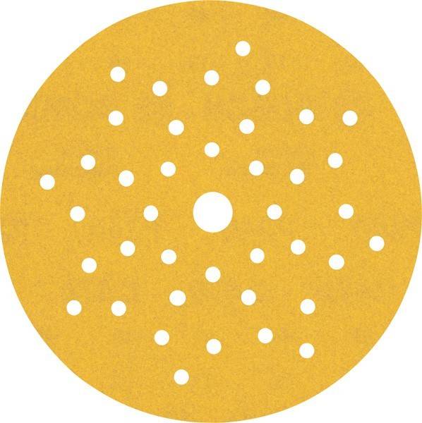 Eine runde gelbe Schleifpapierscheibe mit Perforationen, die zum Schleifen von Oberflächen verwendet wird und gleichmäßig angeordnete Löcher zur Staubableitung aufweist.