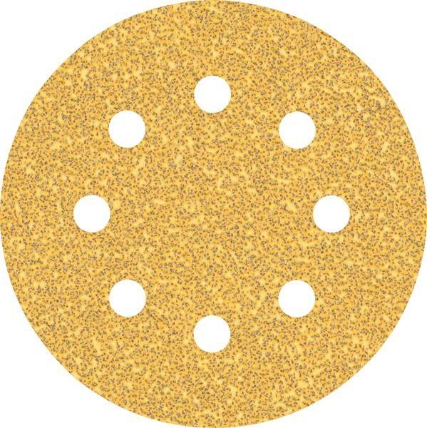 Ein rundes Schleifpapier mit acht gleichmäßig verteilten Löchern.