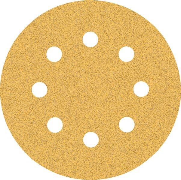 Eine runde, beige Schleifpapierscheibe mit acht gleichmäßig verteilten Löchern, die zum Schleifen von Oberflächen verwendet wird.