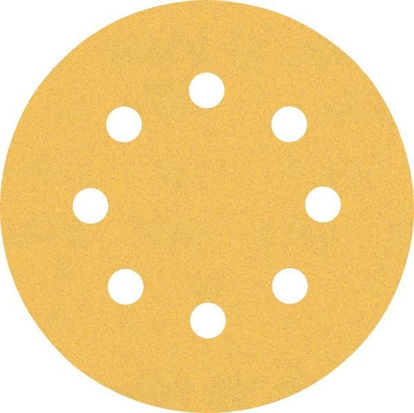 Eine runde, gelbe Schleifpapierscheibe mit acht gleichmäßig verteilten Löchern für eine Exzenterschleifmaschine.