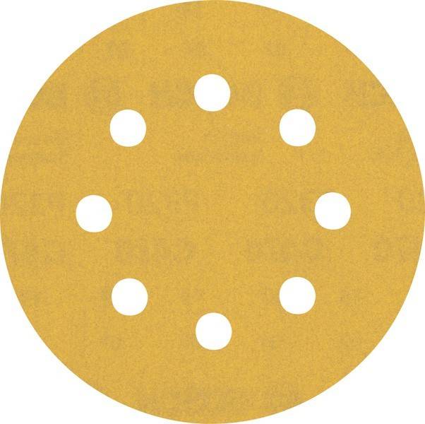 Eine runde, gelbe Schleifpapierscheibe mit acht gleichmäßig verteilten Löchern wird gezeigt.