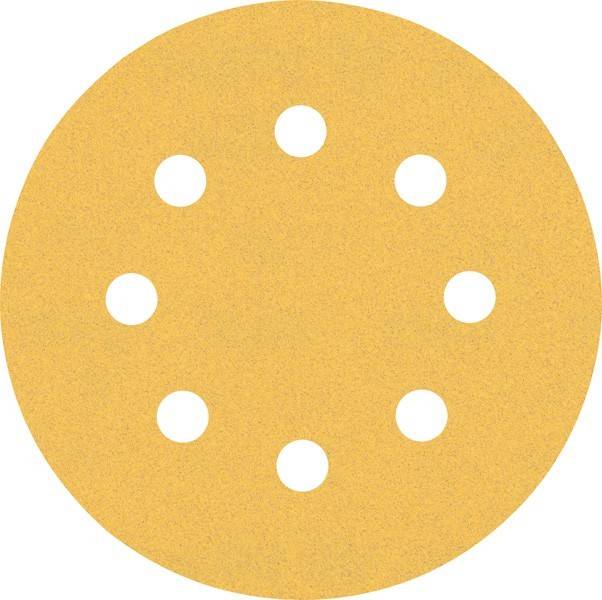 Eine runde Schleifpapierscheibe mit acht gleichmäßig verteilten Löchern zur Staubabsaugung, die für Elektro-Schleifwerkzeuge verwendet wird.