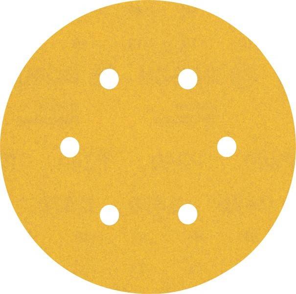 Eine runde, gelbe Schleifscheibe mit sechs gleichmäßig verteilten Löchern zur Staubabsaugung, die zum Schleifen von Oberflächen mit einem Elektrowerkzeug verwendet wird.