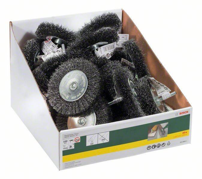 Eine Kiste gefüllt mit mehreren Metalldrahtbürsten-Scheiben, die üblicherweise zur Reinigung und Oberflächenvorbereitung verwendet werden, mit Bosch-Markierung.