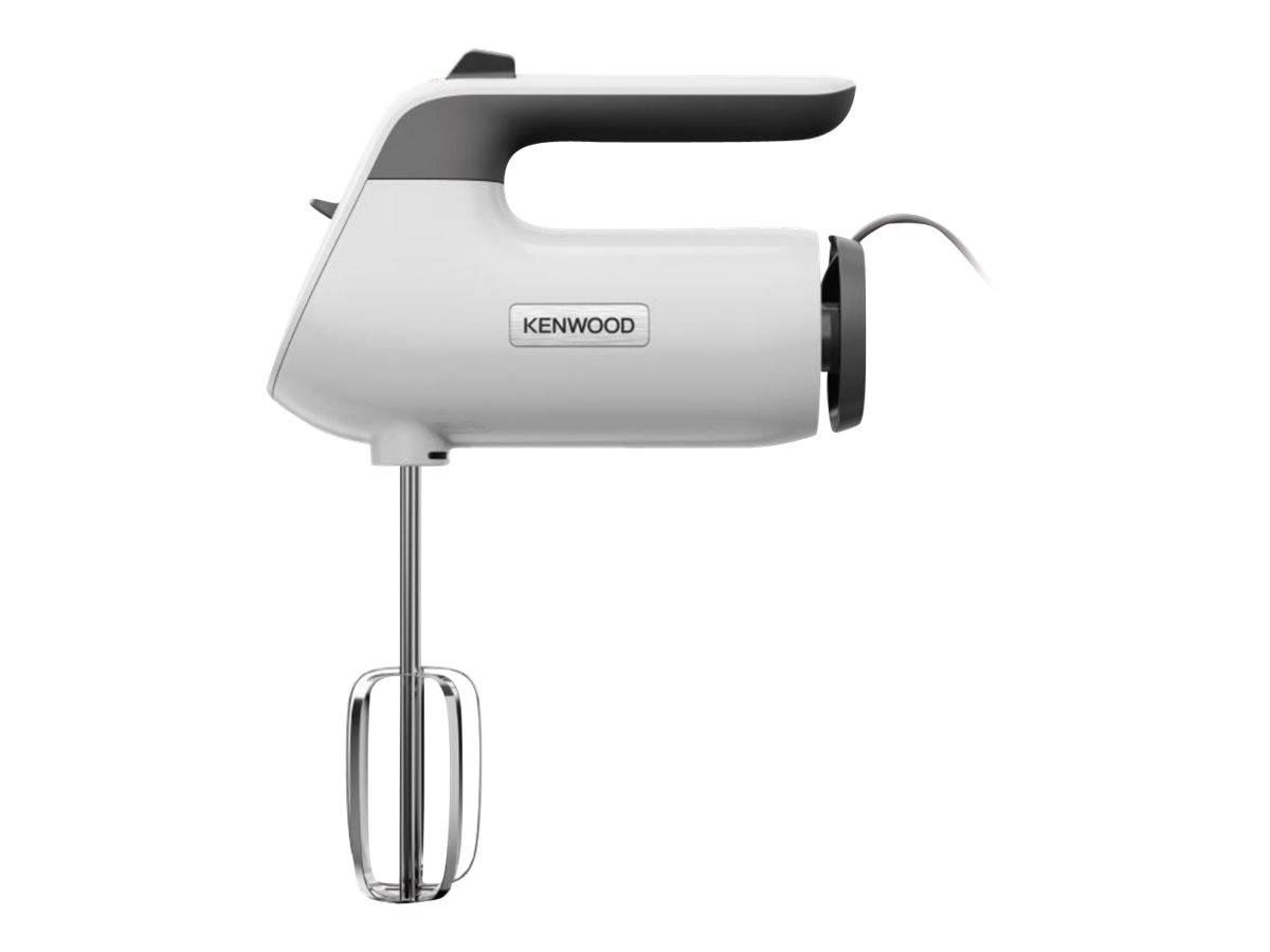 Weißer Kenwood-Handmixer mit einer einzelnen Rührvorrichtung auf einfachem Hintergrund.