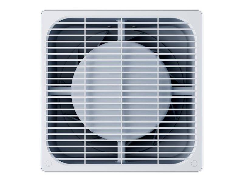 Frontansicht eines quadratischen weißen Ventilators mit einem kreisförmigen Zentrum hinter horizontalen Gitterlamellen.