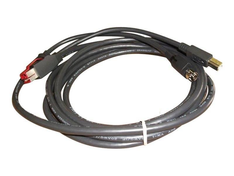 Ein gewickeltes schwarzes Kabel mit einem sechspoligen Anschluss auf der einen Seite und einem USB-Anschluss auf der anderen Seite, das zum Anschluss elektronischer Geräte verwendet wird.