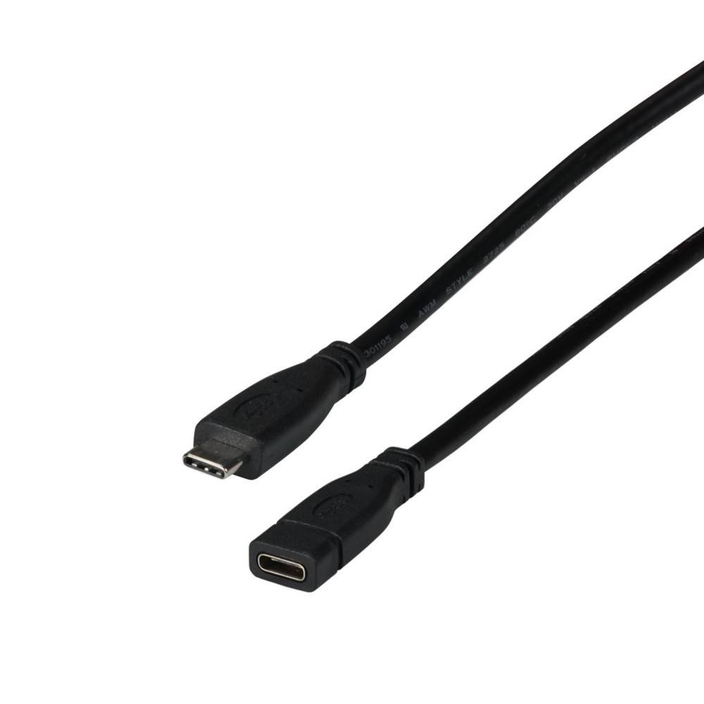 Ein USB-C auf USB-C Kabel mit männlichem Anschluss an einem Ende und weiblichem Anschluss am anderen Ende, verwendet zum Verbinden von Geräten und Peripheriegeräten.