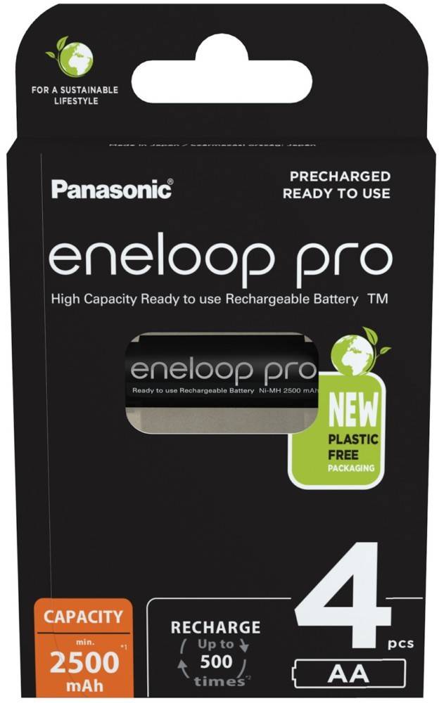 Panasonic eneloop pro' Akku mit einer Kapazität von 2500 mAh und der Verpackungsnotiz 'Plastikfrei'.