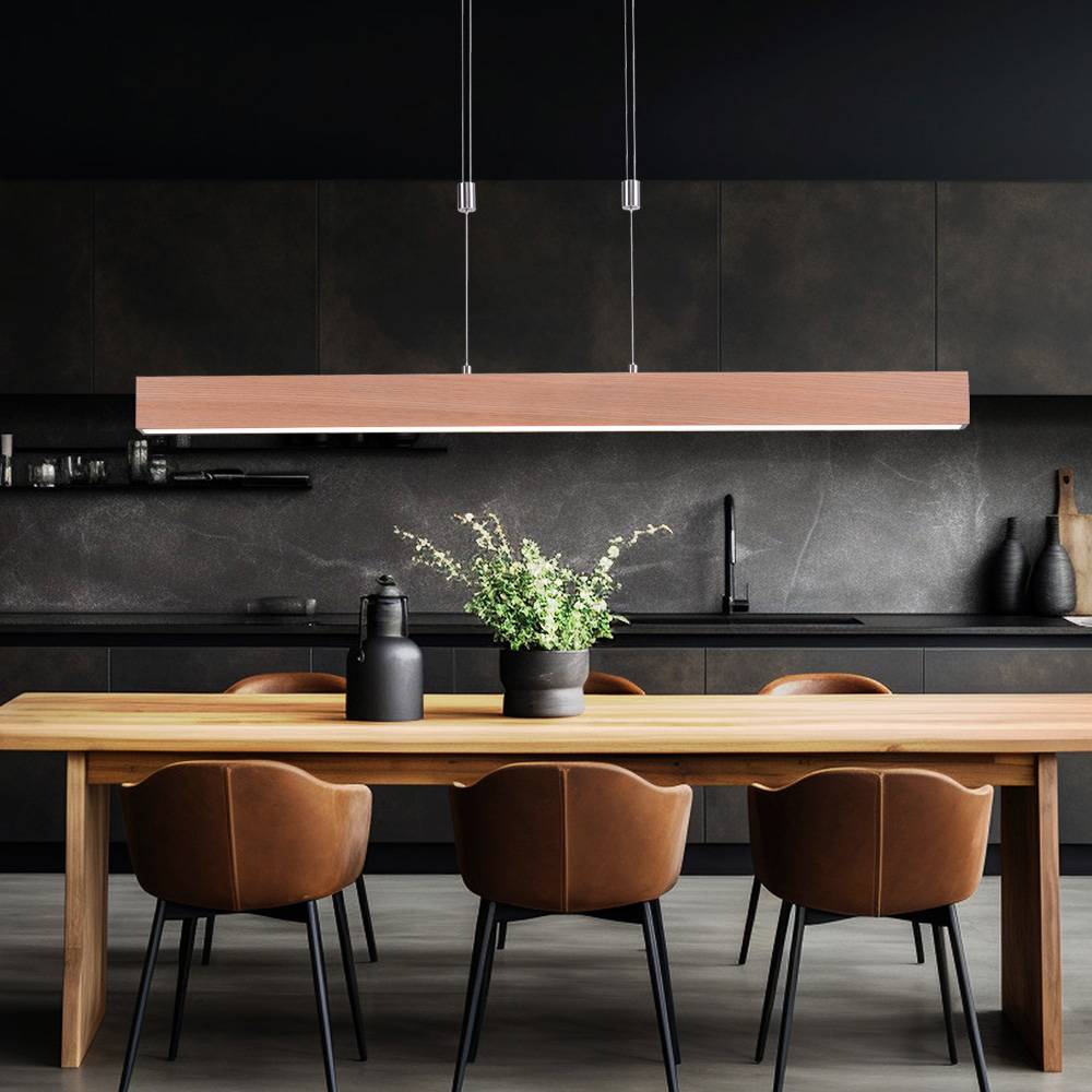 LED Pendelleuchte Holzdekor Hängelampe Esstisch Touchdimmer, Holzoptik Memory CCT, braun Stahl silber, 1x LED 30W 1600Lm 2700-5000K, HxLxB